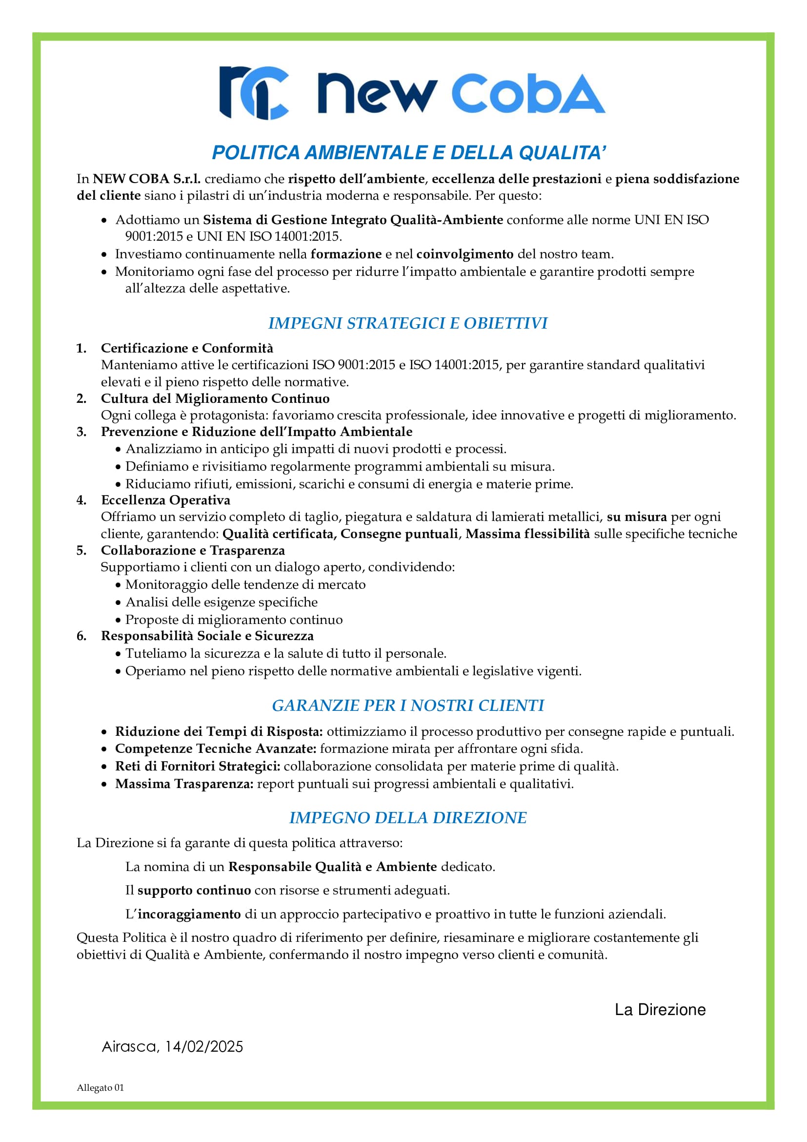 Politica ambientale e qualità New coba